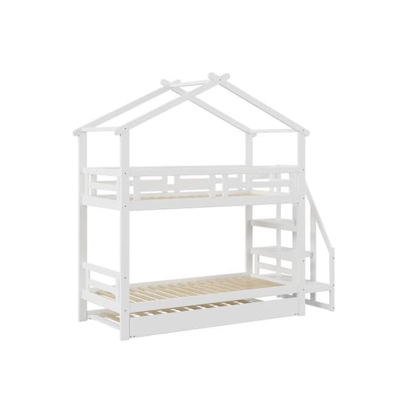 Barnsäng, 90*200 cm, våningssäng i massivt trä med förvaringsutrymme och säkerhetsstege, vit