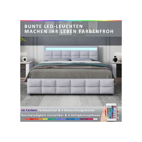 Uppfällt säng 180 x 200 cm, dubbelsäng LED sängram med 4 lådor, ribbadt system och ryggstöd, grå