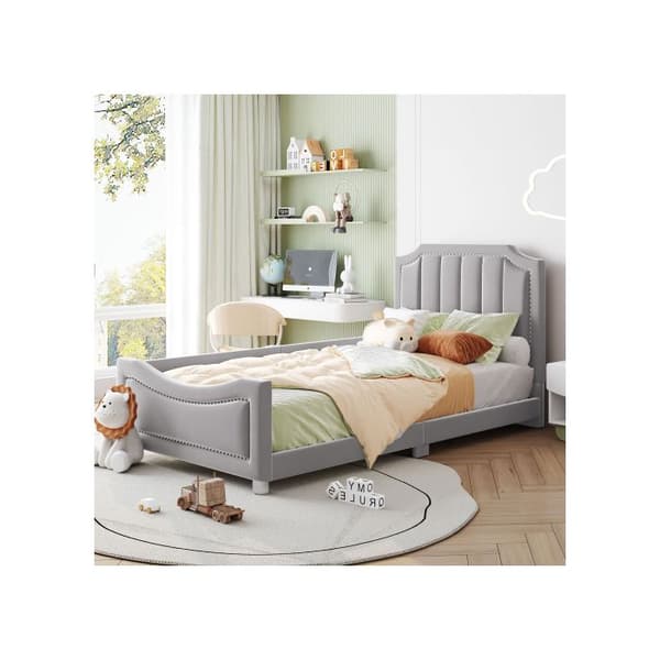 Barnsäng Fjädrande säng 90*200cm Sängsoffa Sängram i flanell Isolerad multifunktionell säng med ryggstöd Grå