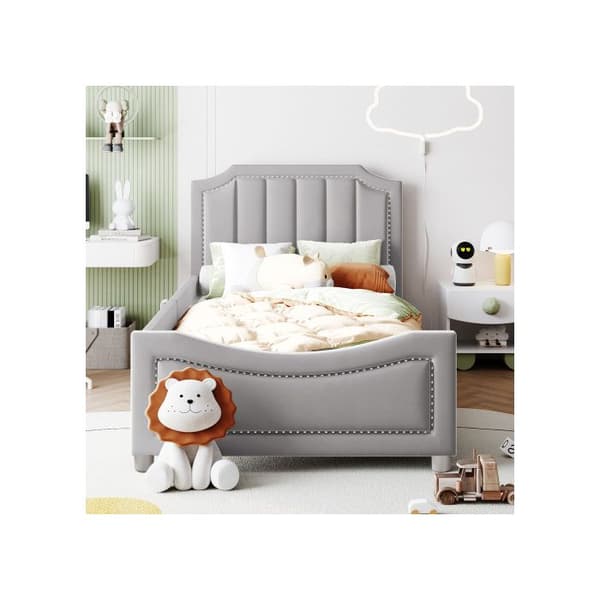 Barnsäng Fjädrande säng 90*200cm Sängsoffa Sängram i flanell Isolerad multifunktionell säng med ryggstöd Grå