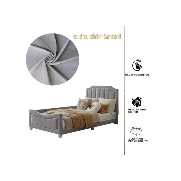 Barnsäng Fjädrande säng 90*200cm Sängsoffa Sängram i flanell Isolerad multifunktionell säng med ryggstöd Grå