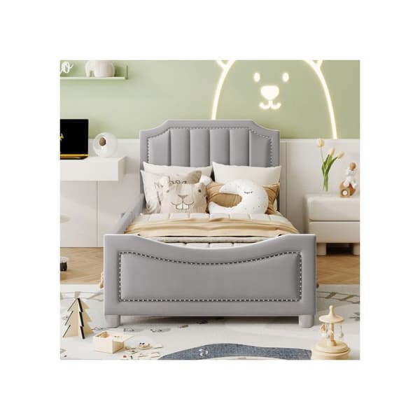 Barnsäng Fjädrande säng 90*200cm Sängsoffa Sängram i flanell Isolerad multifunktionell säng med ryggstöd Grå