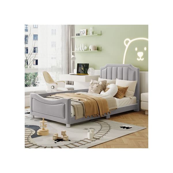 Barnsäng Fjädrande säng 90*200cm Sängsoffa Sängram i flanell Isolerad multifunktionell säng med ryggstöd Grå