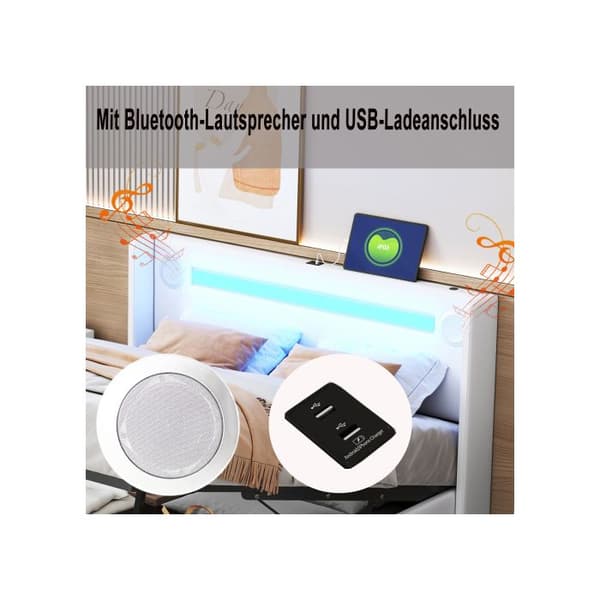 160x200 Säng med vadderade sidor, LED-banor, Bluetooth-läsare och USB-laddare, säng med förvaring i PU-läder
