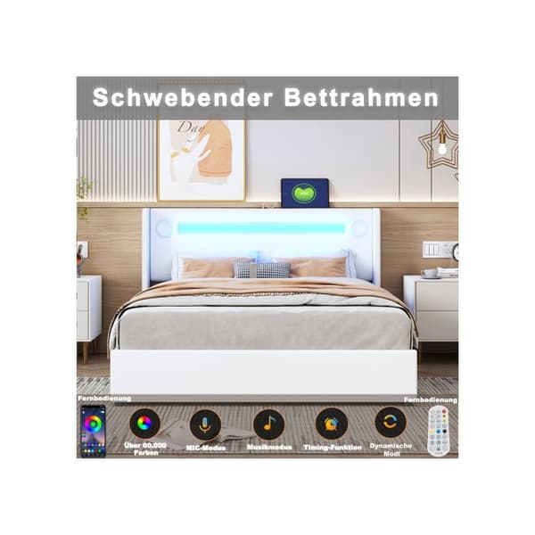 160x200 Säng med vadderade sidor, LED-banor, Bluetooth-läsare och USB-laddare, säng med förvaring i PU-läder