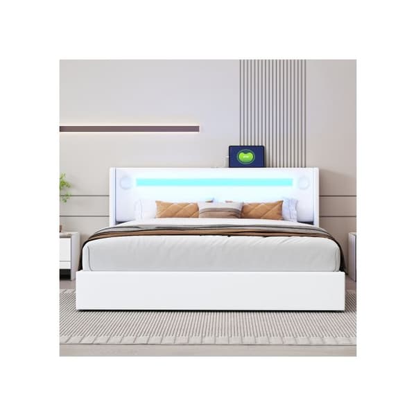 160x200 Säng med vadderade sidor, LED-banor, Bluetooth-läsare och USB-laddare, säng med förvaring i PU-läder
