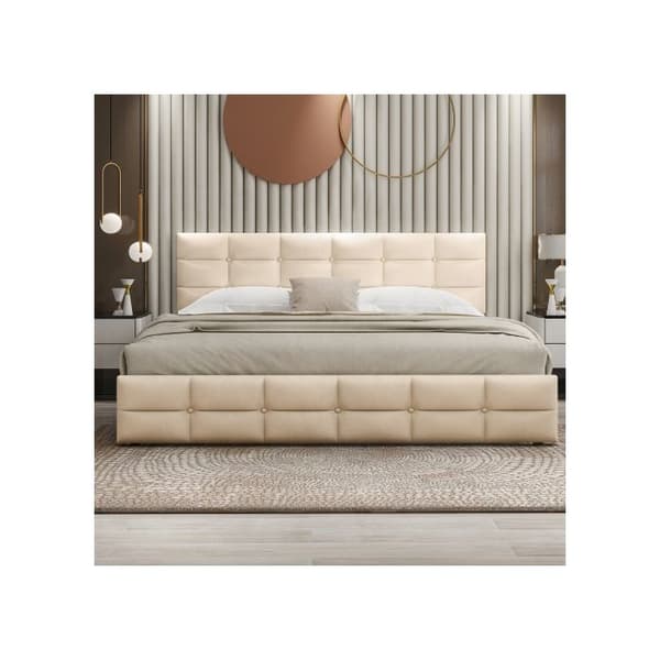 Uppfyllt säng 180 x 200 cm, dubbelsäng med 4 lådor, ribbotten och ryggstöd, beige (utan madrass)