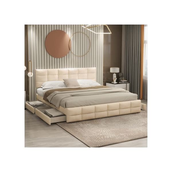 Uppfyllt säng 180 x 200 cm, dubbelsäng med 4 lådor, ribbotten och ryggstöd, beige (utan madrass)
