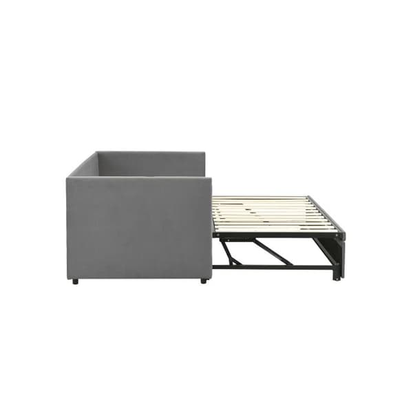 Klädd sängsoffa utdragbar 90/180*200 cm, med ribbade sängbotten, multifunktionell säng, grå