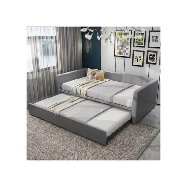 Klädd sängsoffa utdragbar 90/180*200 cm, med ribbade sängbotten, multifunktionell säng, grå