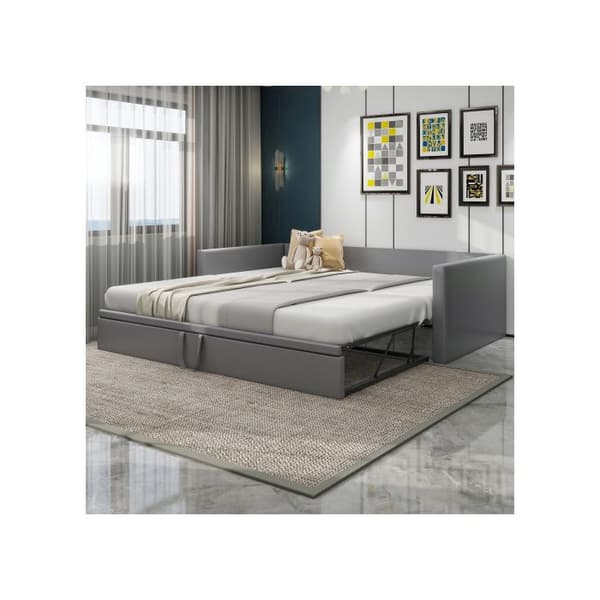 Klädd sängsoffa utdragbar 90/180*200 cm, med ribbade sängbotten, multifunktionell säng, grå