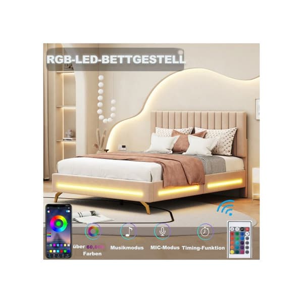 Säng med stoppad kåpa 140 x 200 cm, med LED-belysning och ribbotten, sammetstyg, dubbelsäng, beige (madrass ingår ej).