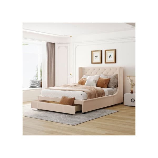 Lits med stoppad ram 140 x 200 cm, dubbel, med ribbotten, ryggstöd och stora lådor, beige (madrass ingår ej).