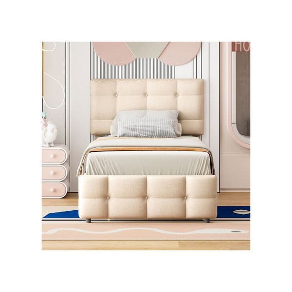 Säng med stoppning 90 x 200 cm, utdragbar barnsäng, justerbar huvudgavel, linnetäcke, säng för gäster (beige)
