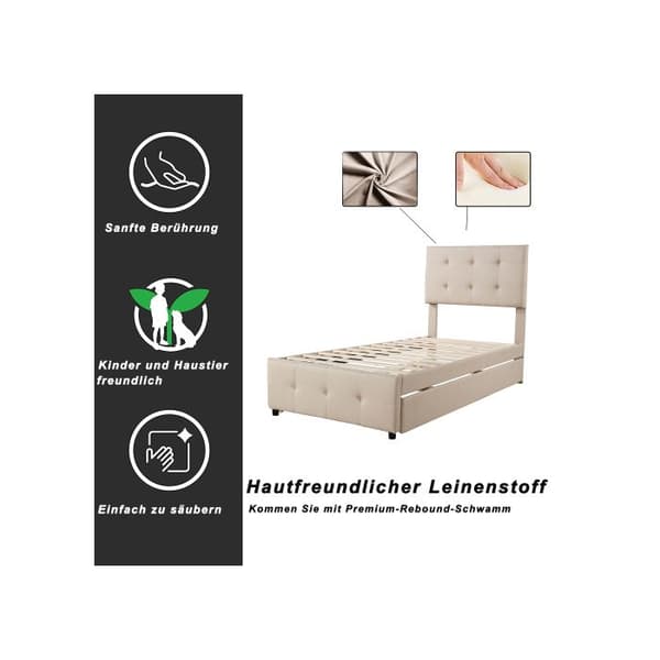 Säng med stoppning 90 x 200 cm, utdragbar barnsäng, justerbar huvudgavel, linnetäcke, säng för gäster (beige)