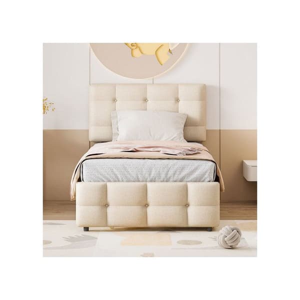 Säng med stoppning 90 x 200 cm, utdragbar barnsäng, justerbar huvudgavel, linnetäcke, säng för gäster (beige)