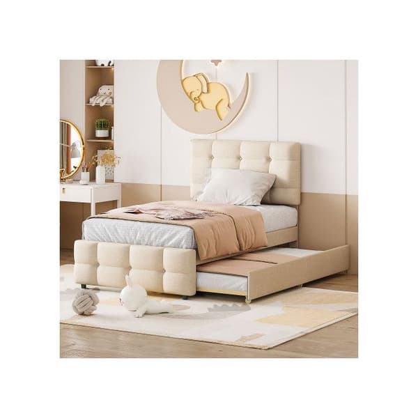 Säng med stoppning 90 x 200 cm, utdragbar barnsäng, justerbar huvudgavel, linnetäcke, säng för gäster (beige)