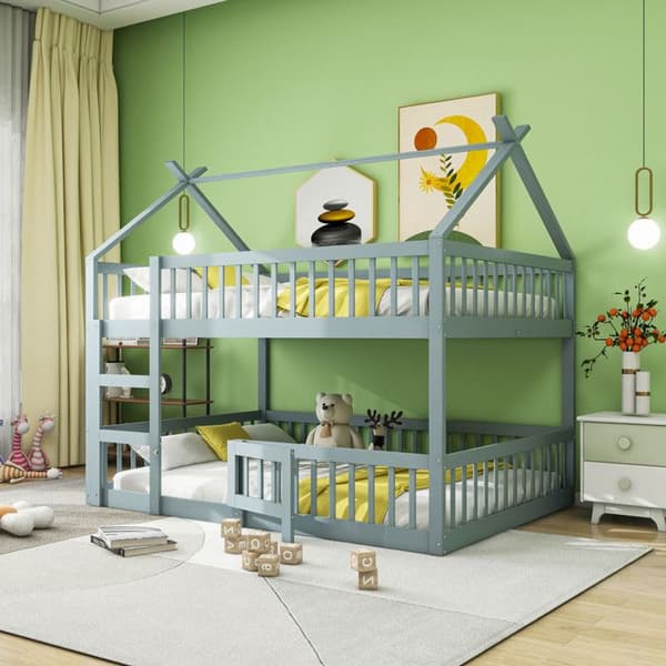 Köksäng för barn 140*200, våningssäng med trappa, loftdesign, våningssängram i massivt trä, grå
