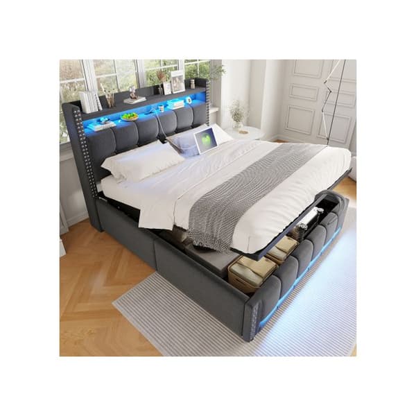 Säng med stoppad ram 140*200 cm med LED-belysning och USB-uttag, huvudgavel med hyllor och förvaringsutrymme.