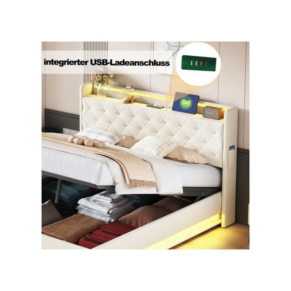 LED-upplyst vadderad 160*200 cm med USB-laddningsport och hydrauliskt stöd, tyg av linne som är behagligt mot huden Beige