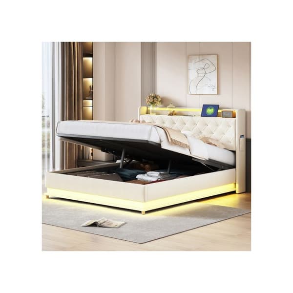 LED-upplyst vadderad 160*200 cm med USB-laddningsport och hydrauliskt stöd, tyg av linne som är behagligt mot huden Beige
