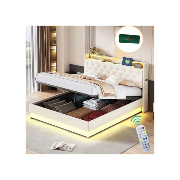LED-upplyst vadderad 160*200 cm med USB-laddningsport och hydrauliskt stöd, tyg av linne som är behagligt mot huden Beige