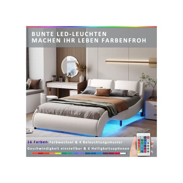 Säng med stoppad klädsel 140*200 cm, säng i konstläder med ljus LED-ljusram och vit lamellsäng.