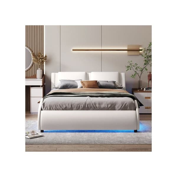 Säng med stoppad klädsel 140*200 cm, säng i konstläder med ljus LED-ljusram och vit lamellsäng.