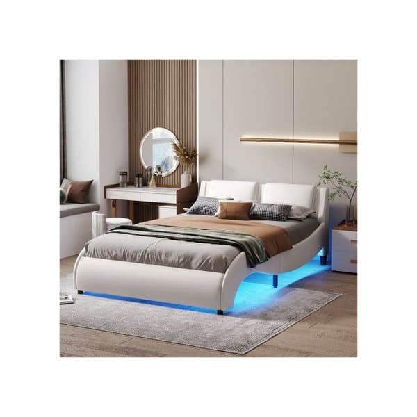 Säng med stoppad klädsel 140*200 cm, säng i konstläder med ljus LED-ljusram och vit lamellsäng.