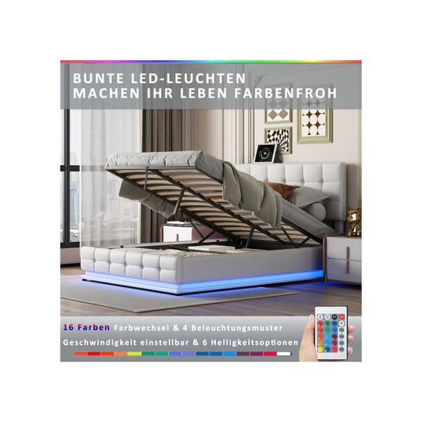 Säng med stoppad klädsel 140x200 cm med LED-belysning och hydraulisk upplyft för förvaring