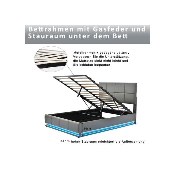 Säng med stoppning 140x200 cm med LED-belysning och hydrauliskt förvaringsutrymme Grå