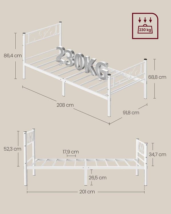 Yhden hengen sängyn runko, VASAGLE RMB061W01, 208x91.8x86.4 cm, mattavalkoinen