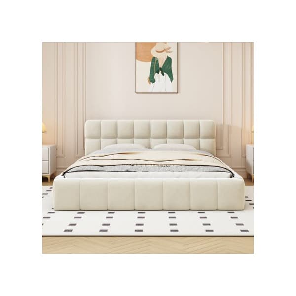 Uppblåst säng 140 x 190 cm, juniorsäng, dubbelsäng med mjukt ryggstöd, sängbotten i beige linne (ingen madrass)