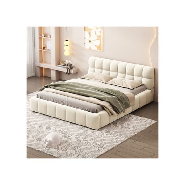 Uppblåst säng 140 x 190 cm, juniorsäng, dubbelsäng med mjukt ryggstöd, sängbotten i beige linne (ingen madrass)