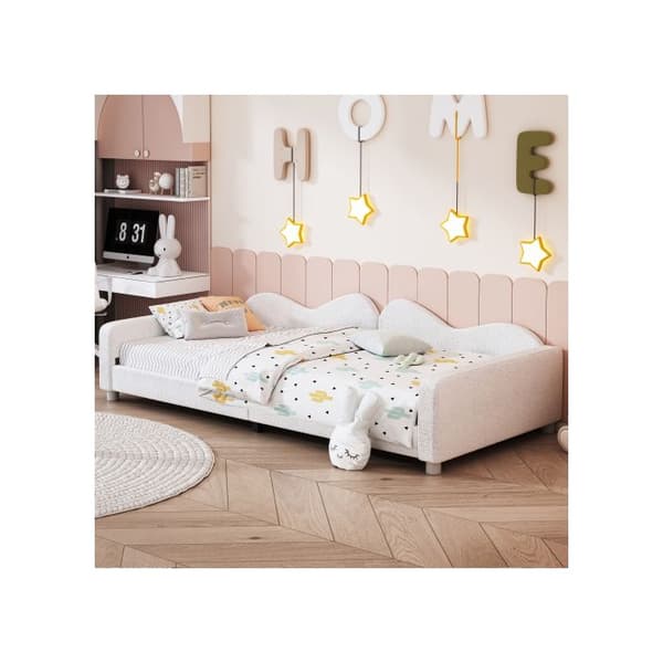 Bädd 90*200 cm, sängram i tyg med björnmotiv Multifunktionell mjuk säng med ryggstöd och armstöd Vit