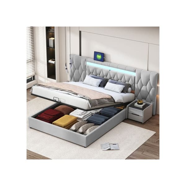 Elegant tufted säng 160x200 med stor rygg, säng i sammet med LED och USB-uttag, klassisk säng i grå.