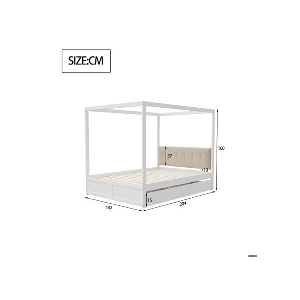 Säng med tak i storlek 140*200 cm med stora lådor och mjukt ryggstöd, vit trä säng