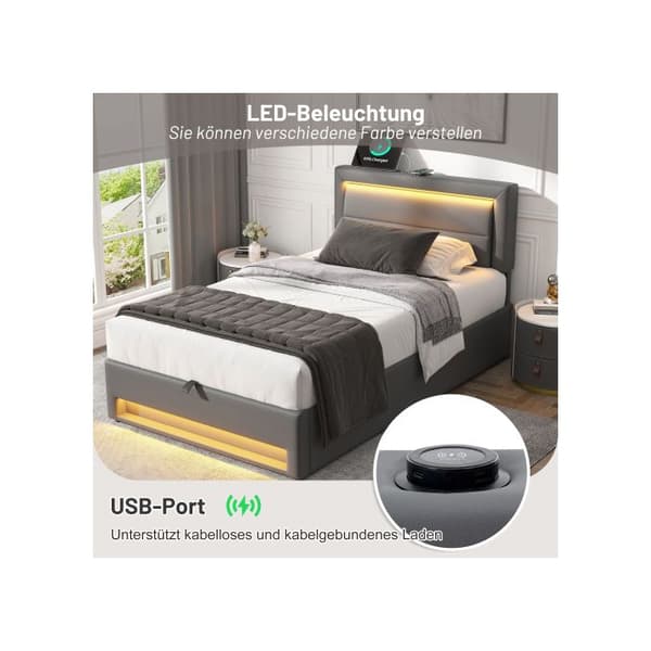 Säng med stoppning 90 x 190 cm, med USB-port, med LED-belysning och förvaringsutrymme, utan madrass, mönster PU-litschi, grå