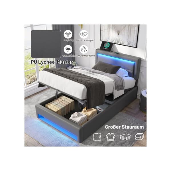 Säng med stoppning 90 x 190 cm, med USB-port, med LED-belysning och förvaringsutrymme, utan madrass, mönster PU-litschi, grå