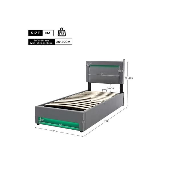 Säng med stoppning 90 x 190 cm, med USB-port, med LED-belysning och förvaringsutrymme, utan madrass, mönster PU-litschi, grå