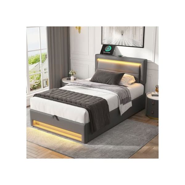 Säng med stoppning 90 x 190 cm, med USB-port, med LED-belysning och förvaringsutrymme, utan madrass, mönster PU-litschi, grå