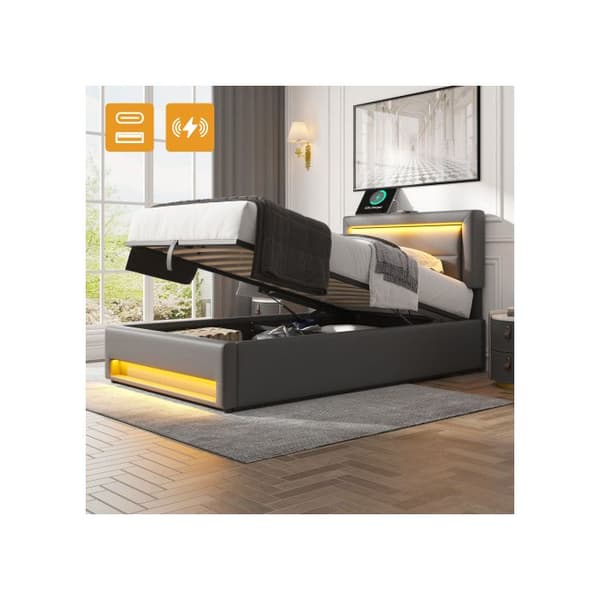 Säng med stoppning 90 x 190 cm, med USB-port, med LED-belysning och förvaringsutrymme, utan madrass, mönster PU-litschi, grå