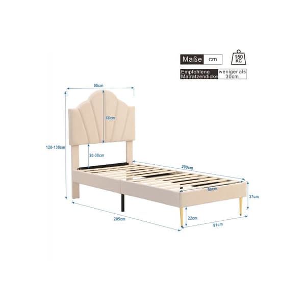 Velour, säng med knappning, 90*200 cm, säng i form av en snäcka med ben i guldpläterad metall och justerbar huvudgavel i höjd, beige