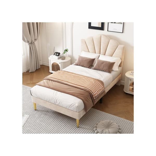 Velour, säng med knappning, 90*200 cm, säng i form av en snäcka med ben i guldpläterad metall och justerbar huvudgavel i höjd, beige