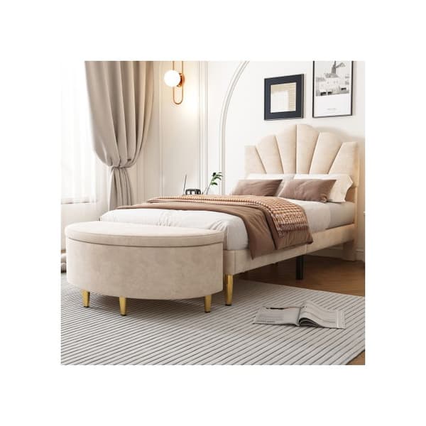 Velour, säng med knappning, 90*200 cm, säng i form av en snäcka med ben i guldpläterad metall och justerbar huvudgavel i höjd, beige