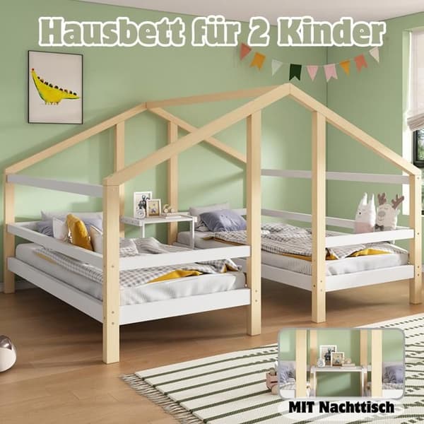 Lit Hem design med sänggavel och ribbotten 90*200 Ungdomssäng med sidofallskydd Vit + Naturlig