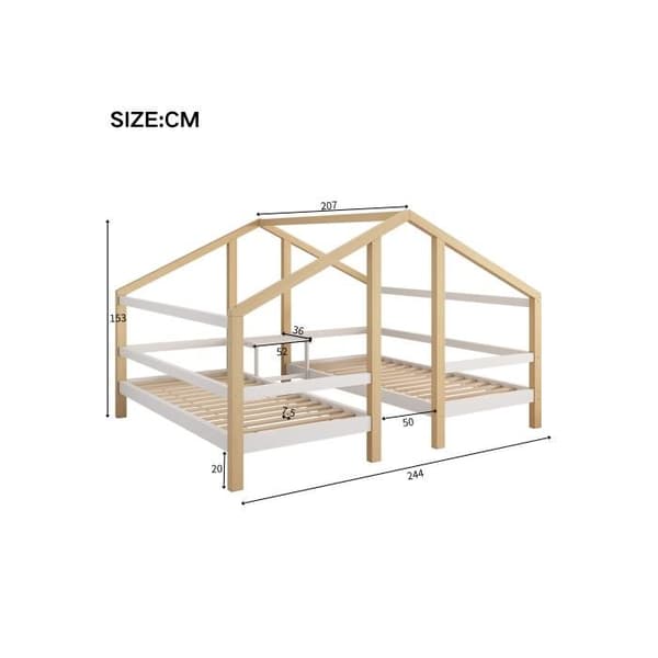 Lit Hem design med sänggavel och ribbotten 90*200 Ungdomssäng med sidofallskydd Vit + Naturlig