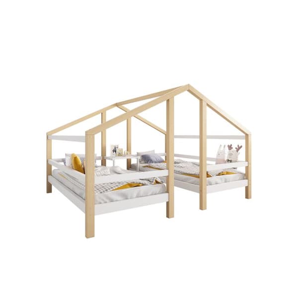 Lit Hem design med sänggavel och ribbotten 90*200 Ungdomssäng med sidofallskydd Vit + Naturlig