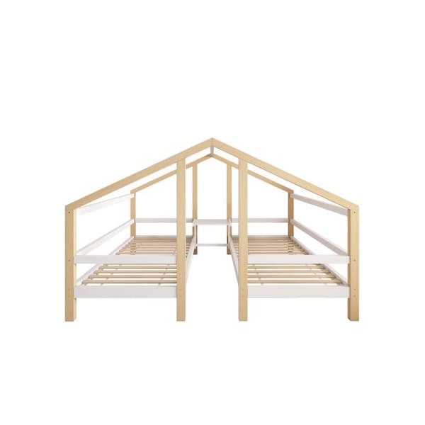 Lit Hem design med sänggavel och ribbotten 90*200 Ungdomssäng med sidofallskydd Vit + Naturlig