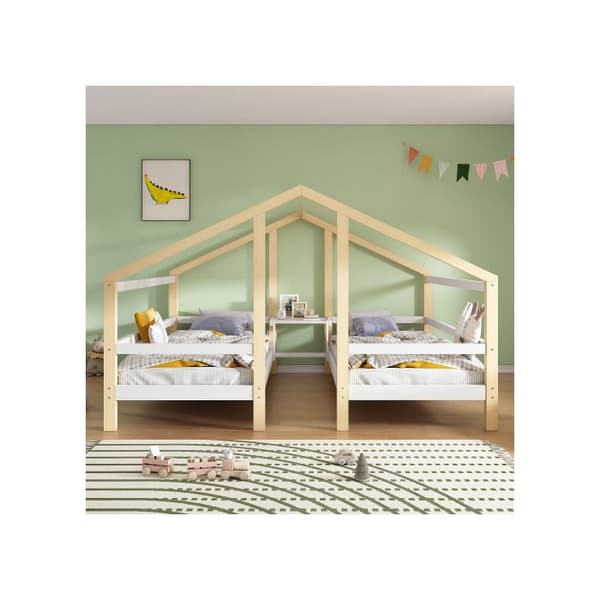 Lit Hem design med sänggavel och ribbotten 90*200 Ungdomssäng med sidofallskydd Vit + Naturlig